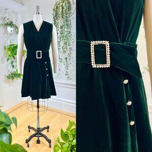 Vintage 1970s Wrap Dress 70s Forest Green Velvet Rhinestone Holiday Party Mini